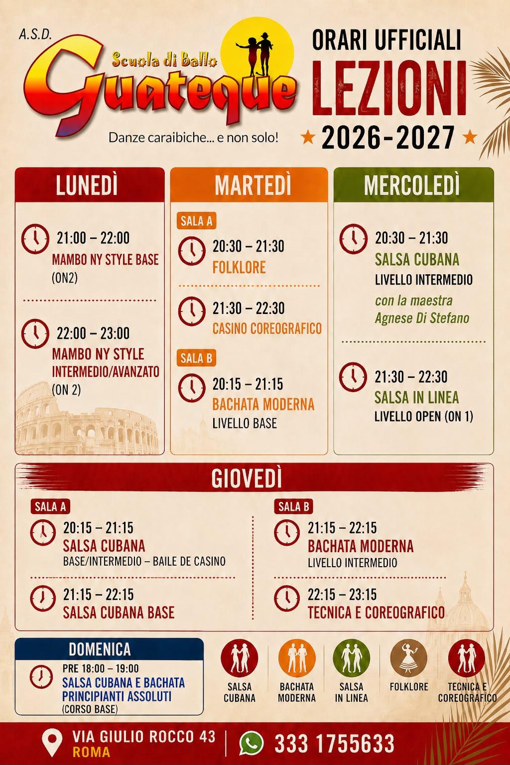 Orari corsi salsa e bachata Guateque Roma 2026-2027
